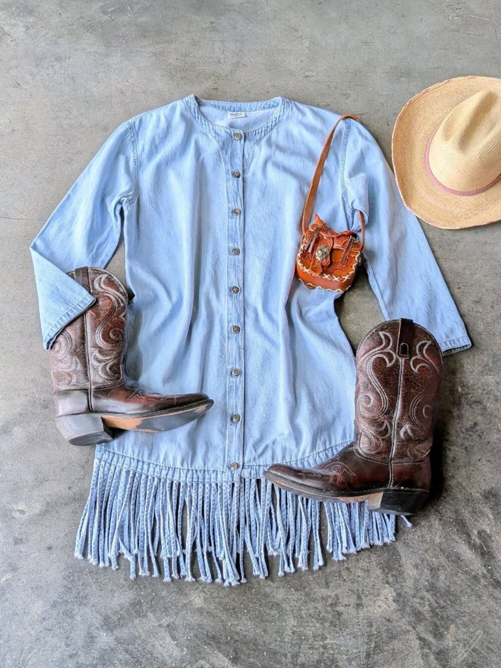 Vintage Coastal Cowgirl Western Blue Denim Fringe Hem Button Front Dress size XS